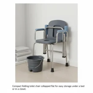 Compact folding toilet chair collapsed flat for easy storage under a bed or in a closet.