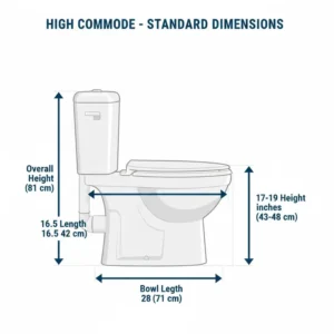 Technical illustration showing the standard dimensions and seat height of a high commode.
