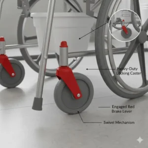 Detail of locking caster brakes on a heavy-duty shower chair commode wheelchair.
