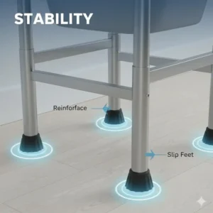 Detailed view of the non-slip legs and stable frame of a bed toilet for elderly safety.