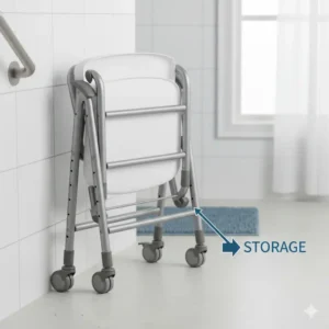 A compact foldable commode chair collapsed and stored neatly against a wall to save space.