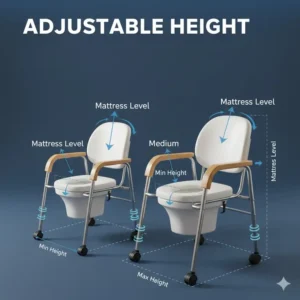 Diagram showing the easy height adjustment features of a bed toilet for elderly patients.