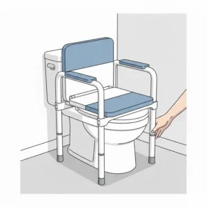 An adjustable height foldable commode placed over a standard toilet as a raised seat frame.