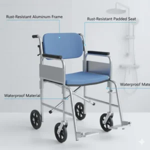 Rust-resistant aluminum frame of a waterproof shower chair commode wheelchair.