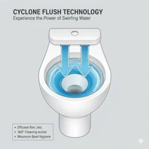 Top-down view showing the swirling water flow of the best toilet with powerful flush technology.