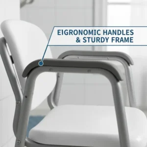 Close-up of the ergonomic armrests and sturdy steel frame of a foldable commode chair.