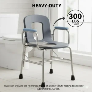 Illustration showing the reinforced frame of a heavy-duty folding toilet chair supporting up to 300 lbs
