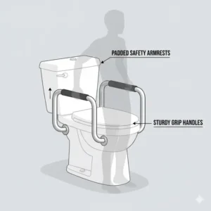 Illustration of a high commode featuring padded safety armrests for easier standing.