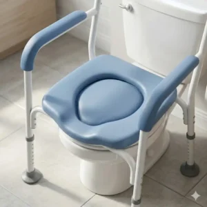 Close-up of the blue waterproof padded seat of an over the toilet potty chair for adults.