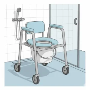 A waterproof rolling shower chair that doubles as a toilet chairs for disabled people, featuring a padded seat and locking wheels.