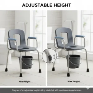 Diagram of an adjustable height folding toilet chair with push-button leg extensions.