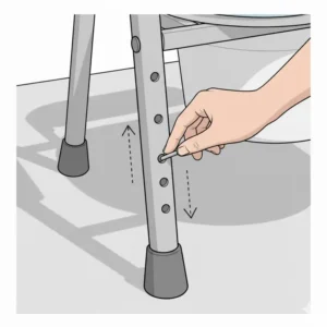 Close-up illustration showing the adjustable leg mechanism on ergonomic toilet chairs for disabled users to ensure proper seat height.
