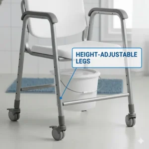 Detail of the height-adjustable legs with safety pins on a medical foldable commode chair.