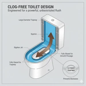 Cross-section of a wide glazed trapway that makes this the best toilet with powerful flush and no clogs.