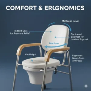 An ergonomic seat and backrest design of a bed toilet for elderly individuals to ensure comfort.