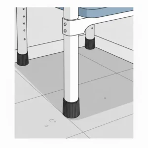 Close-up of the non-slip rubber tips on the legs of a heavy-duty foldable commode.