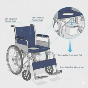 Removable commode pail feature on a 3-in-1 shower chair commode wheelchair.