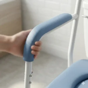Ergonomic padded armrests on an over the toilet potty chair for adults providing extra stability and grip.