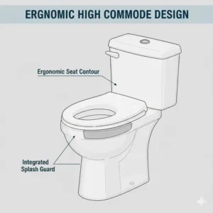 Drawing of an elderly person easily using a high commode to reduce knee strain.