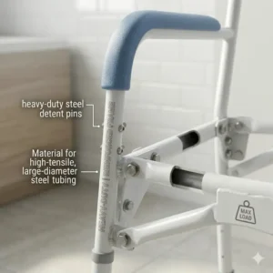 High-strength steel frame construction of a bariatric over the toilet potty chair for adults.