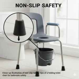 Close-up illustration of non-slip rubber tips on the legs of a folding toilet chair for bathroom safety.