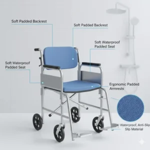 Soft waterproof padded seat and backrest of the shower chair commode wheelchair.