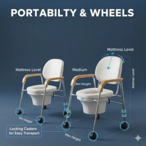 High-quality locking wheels on a portable bed toilet for elderly care and easy transport.