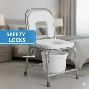 Security features and safety locks shown on a white foldable commode chair used at bedside.