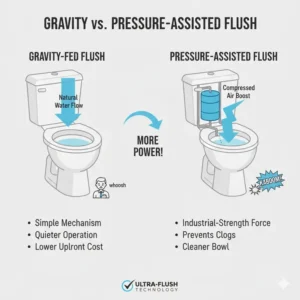 Comparison between gravity and pressure systems in the best toilet with powerful flush models.