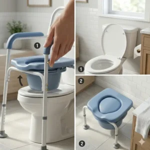 Infographic showing how an over the toilet potty chair for adults works as both a commode and a toilet riser.