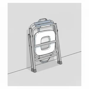 A lightweight, foldable toilet chairs for disabled travelers, shown in a collapsed position for easy storage and transport.