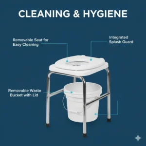 Demonstration of the removable bucket and easy-to-clean surfaces of a bed toilet for elderly hygiene.