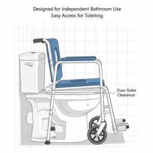 Clearance view of a shower chair commode wheelchair positioned over a standard toilet.