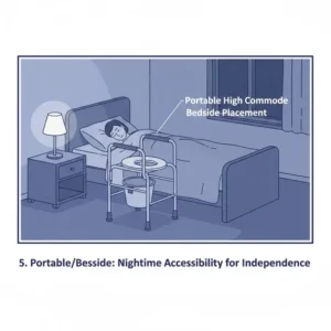 Illustration of a portable high commode positioned next to a bed for nighttime accessibility.