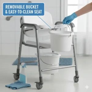 Illustration of the removable bucket and easy-to-clean seat of a foldable commode chair.