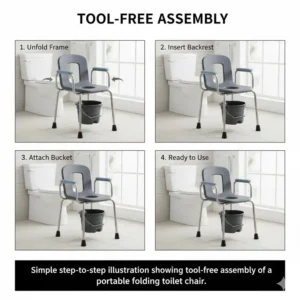 Simple step-by-step illustration showing tool-free assembly of a portable folding toilet chair