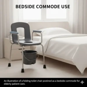 An illustration of a folding toilet chair positioned as a bedside commode for elderly patient care.