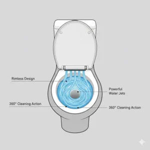 Close-up of rimless bowl design in the best toilet with powerful flush for maximum hygiene.