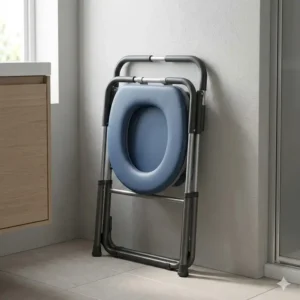 Side profile of a space-saving foldable over the toilet potty chair for adults for easy storage.
