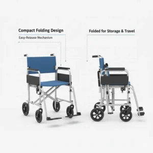 Compact folding mechanism of a portable shower chair commode wheelchair for storage.