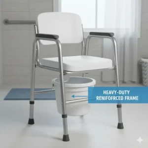 A heavy-duty reinforced version of a foldable commode chair designed for bariatric support.