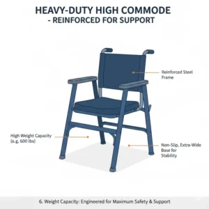 Graphic highlighting the reinforced frame and weight capacity of a heavy duty high commode.