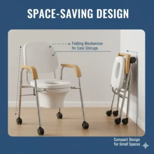 A compact and foldable bed toilet for elderly users designed for space-saving storage.