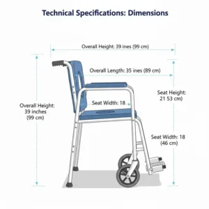 Technical specifications and size dimensions of the shower chair commode wheelchair.