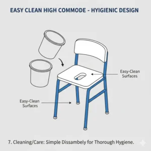 Diagram showing the removable bucket and easy to clean surfaces of a medical high commode.