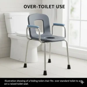 Illustration showing how a folding toilet chair fits over a standard toilet to act as a raised toilet seat.