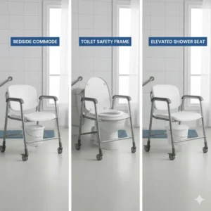 A 3-in-1 foldable commode chair functioning as a bedside toilet, safety frame, and shower seat.