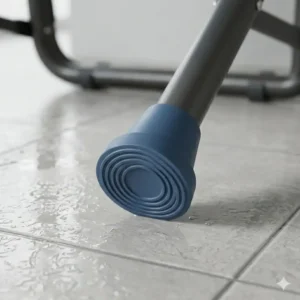 Wide rubber suction-cup feet of an over the toilet potty chair for adults to prevent slipping on wet floors.