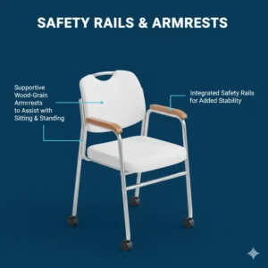 Sturdy armrests and integrated safety rails on a bed toilet for elderly to assist with mobility.