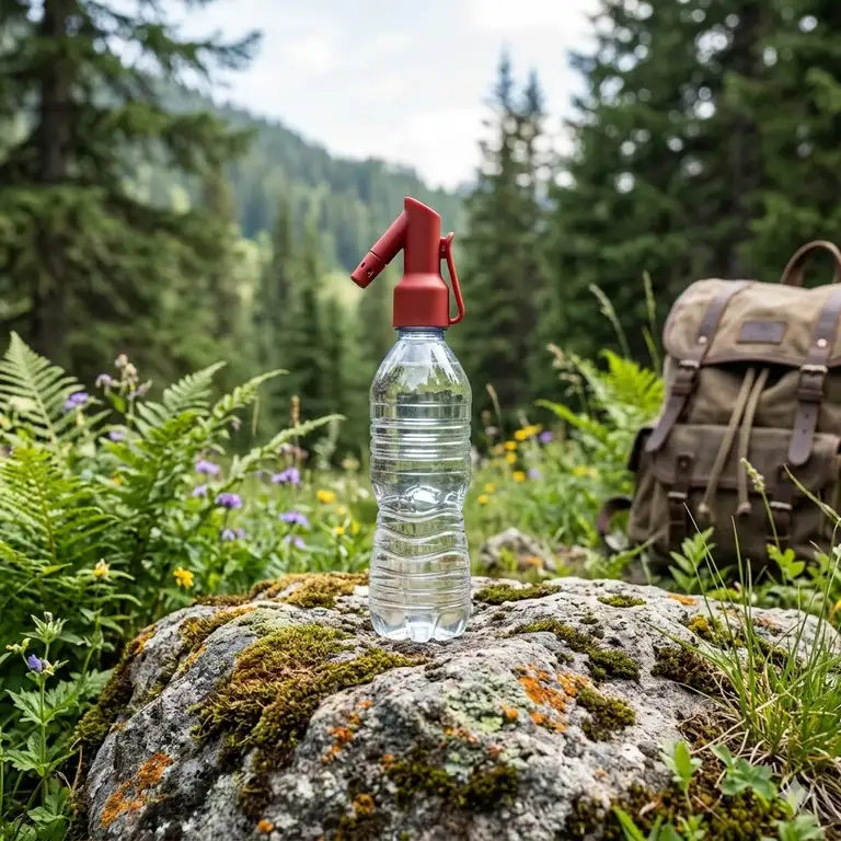 A close-up photograph of the best backpacking bidet attached to a water bottle on a trail rock.